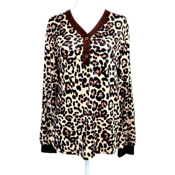 Women's (L/XL) Stylish Leopard Print V-Neck Henley Top - Long Sleeve & Comfy Fit - Picture 1 of 12